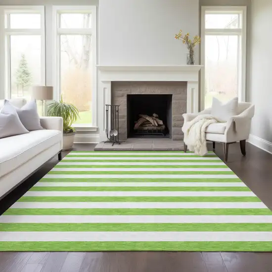 Green and White Striped Washable Non Skid Indoor Outdoor Area Rug Photo 9