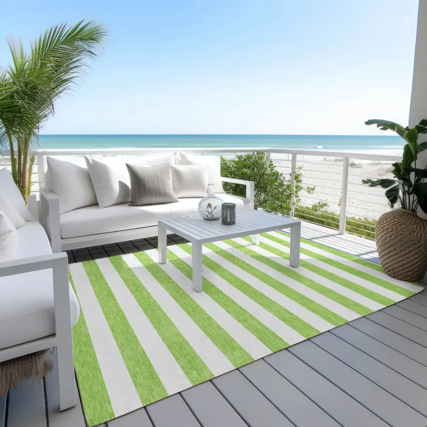 Green and White Striped Washable Non Skid Indoor Outdoor Area Rug Photo 7