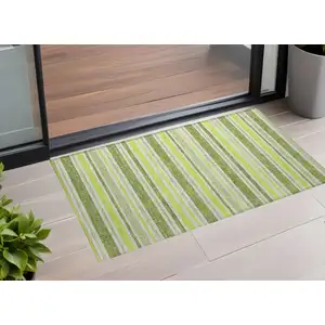 Photo of Green and Yellow Striped Washable Non Skid Indoor Outdoor Area Rug