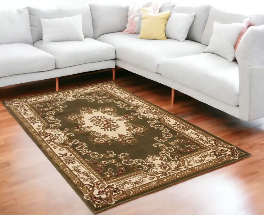 Green Or Ivory Floral Bordered Indoor Area Rug Photo 1