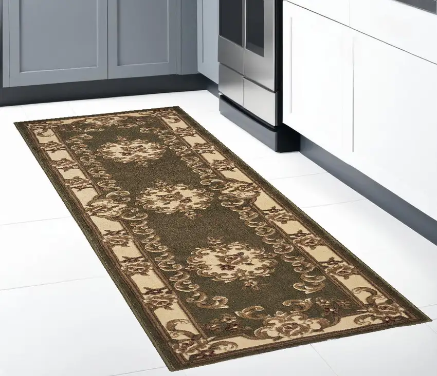 2' X 8' Green Or Ivory Medallion Runner Rug Photo 1