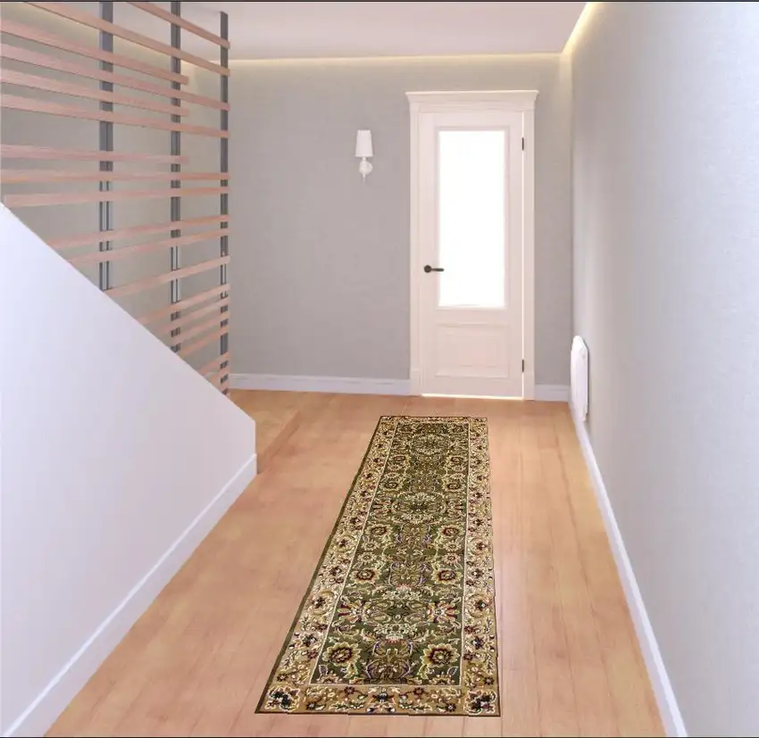 2' X 8' Green Or Taupe Traditional Bordered Runner Rug Photo 2