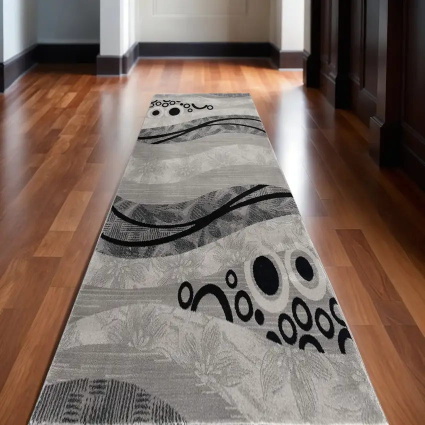 13' Gray And Black Abstract Shag Runner Rug Photo 1