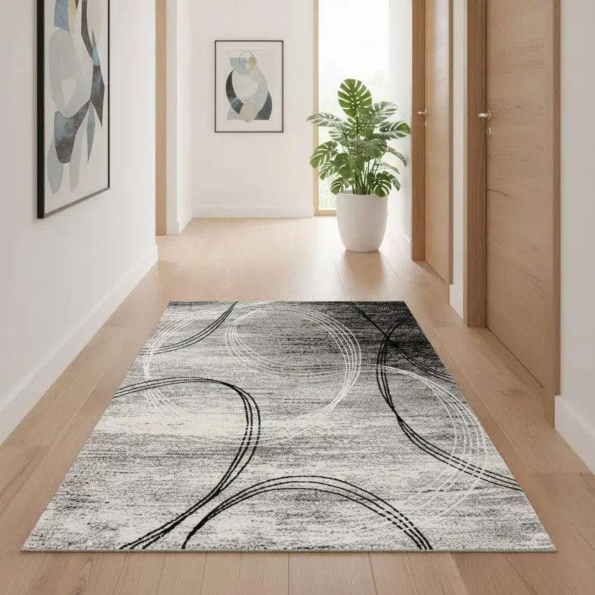15' Gray And Ivory Abstract Shag Runner Rug Photo 1
