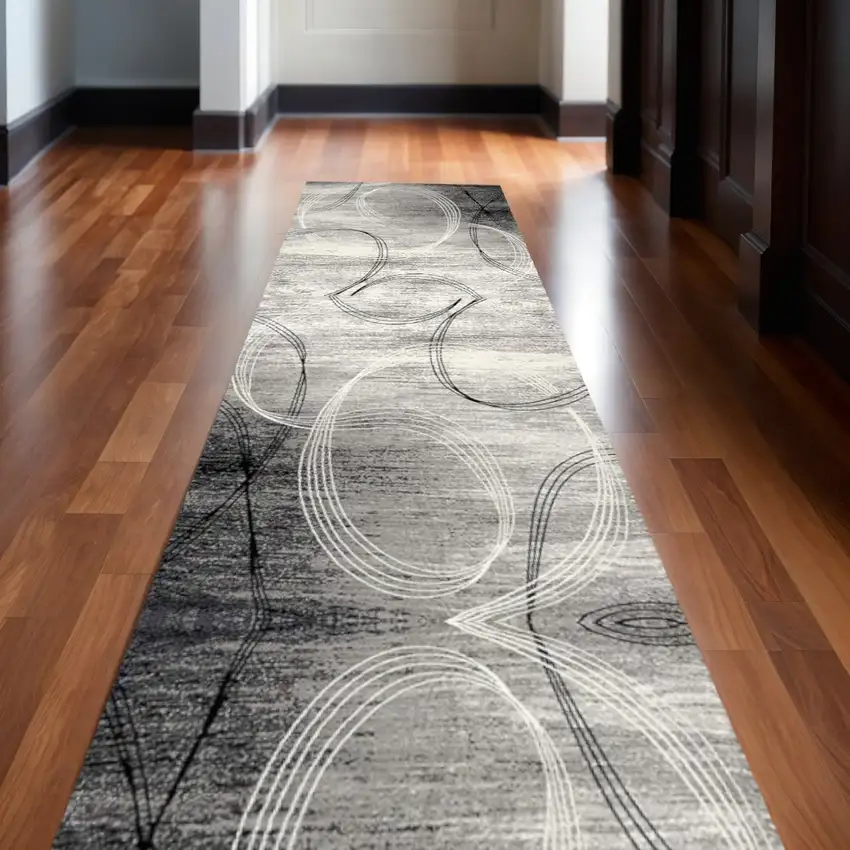 20' Gray and Ivory Abstract Shag Power Loom Runner Rug Photo 1