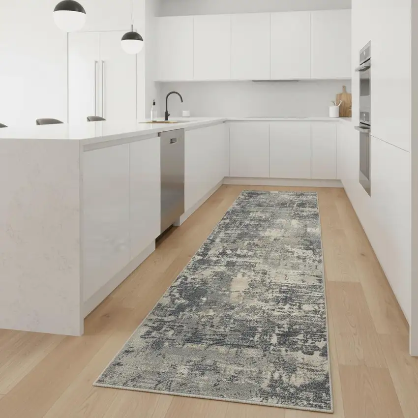 2' X 8' Grey And Beige Abstract Power Loom Non Skid Runner Rug Photo 1