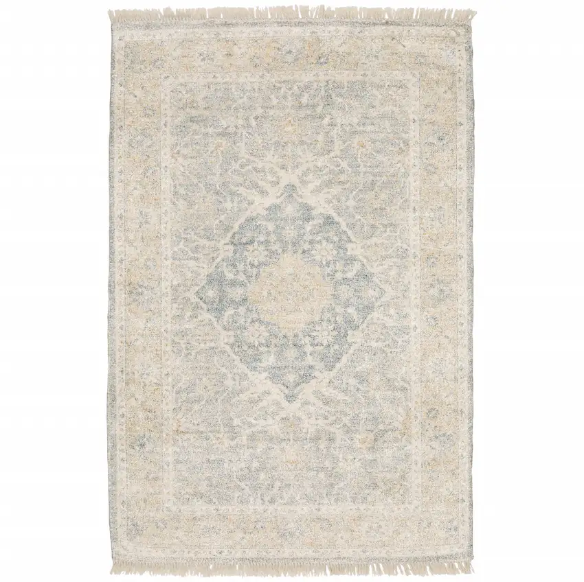 Grey And Beige Oriental Hand Loomed Stain Resistant Area Rug With Fringe Photo 1