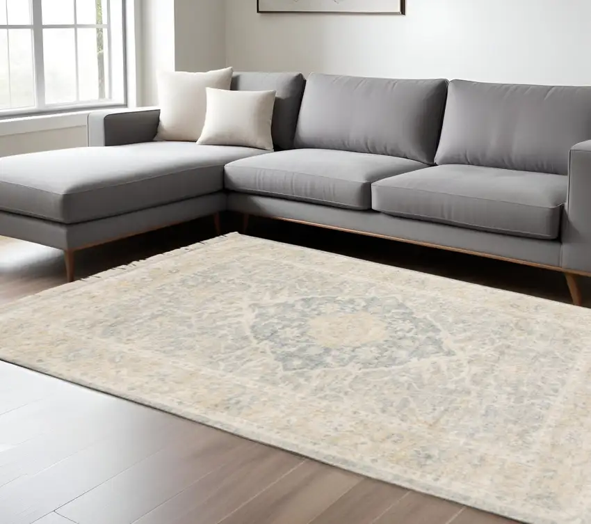 Grey And Beige Oriental Hand Loomed Stain Resistant Area Rug With Fringe Photo 1