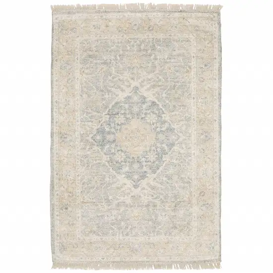 Grey And Beige Oriental Hand Loomed Stain Resistant Area Rug With Fringe Photo 2