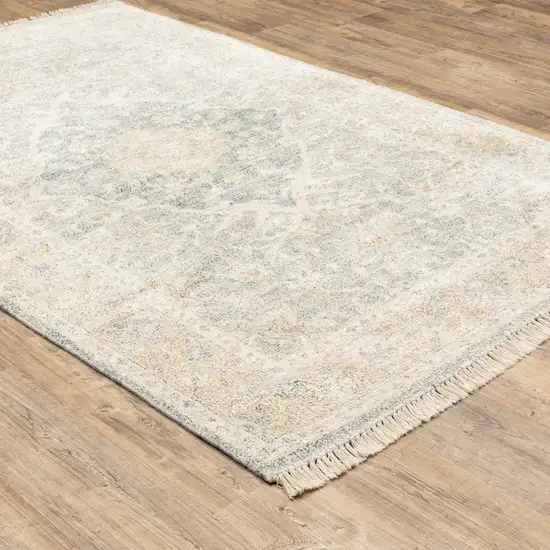 Grey And Beige Oriental Hand Loomed Stain Resistant Area Rug With Fringe Photo 5