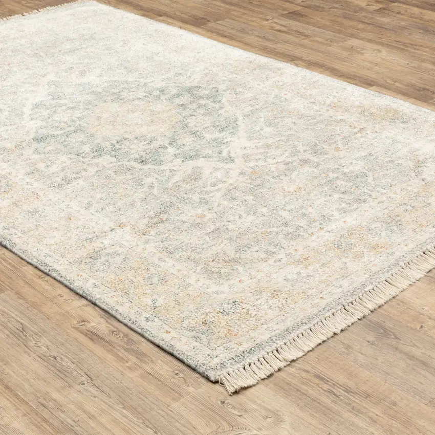 Grey And Beige Oriental Hand Loomed Stain Resistant Area Rug With Fringe Photo 5