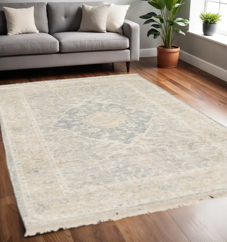 Grey And Beige Oriental Hand Loomed Stain Resistant Area Rug With Fringe Photo 2