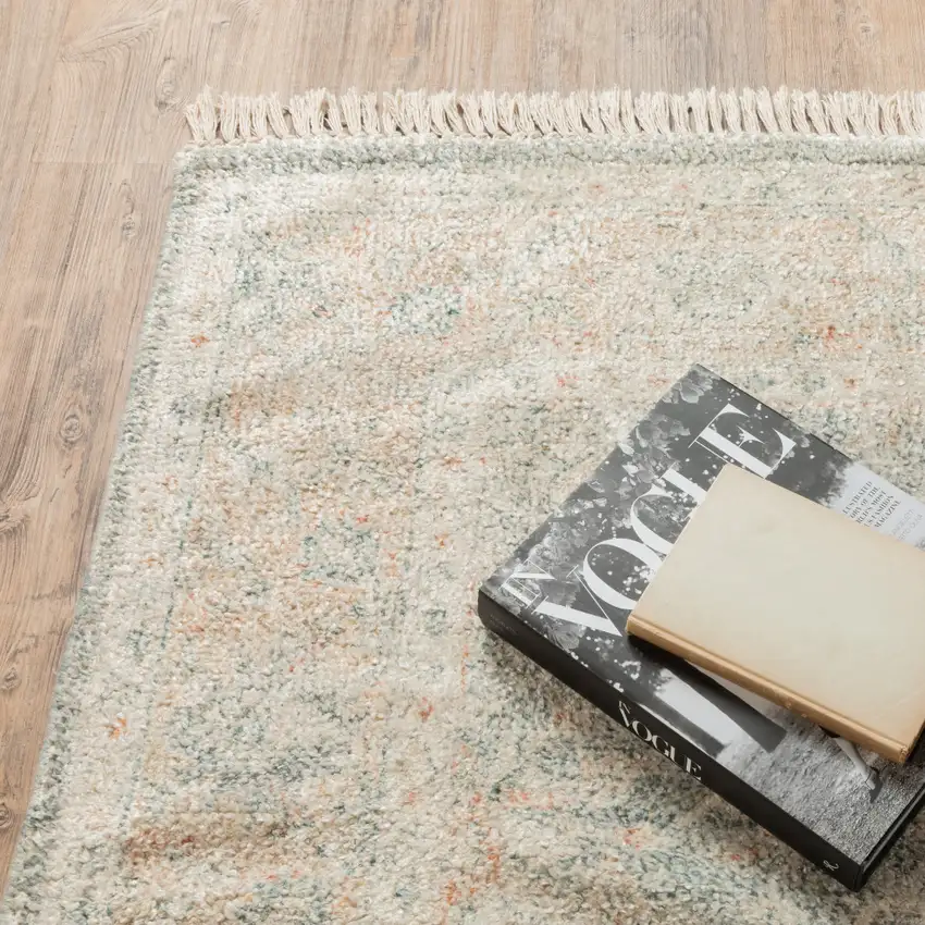 Grey And Beige Oriental Hand Loomed Stain Resistant Area Rug With Fringe Photo 6