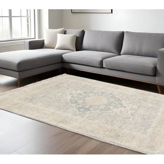 Grey And Beige Oriental Hand Loomed Stain Resistant Area Rug With Fringe Photo 1