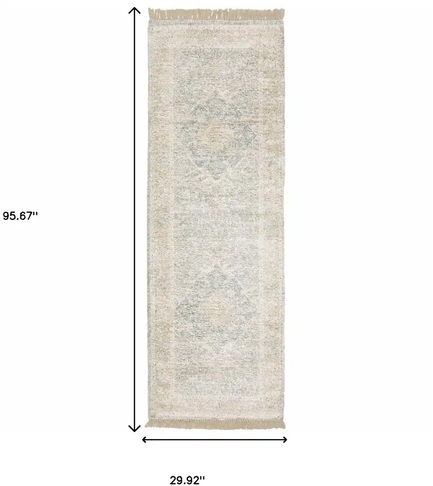 Grey And Beige Oriental Hand Loomed Stain Resistant Runner Rug With Fringe Photo 10