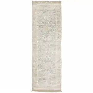 Photo of Grey And Beige Oriental Hand Loomed Stain Resistant Runner Rug With Fringe
