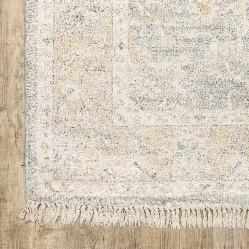 Grey And Beige Oriental Hand Loomed Stain Resistant Runner Rug With Fringe Photo 9