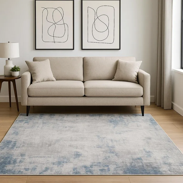 Grey And Blue Abstract Power Loom Stain Resistant Area Rug Photo 2