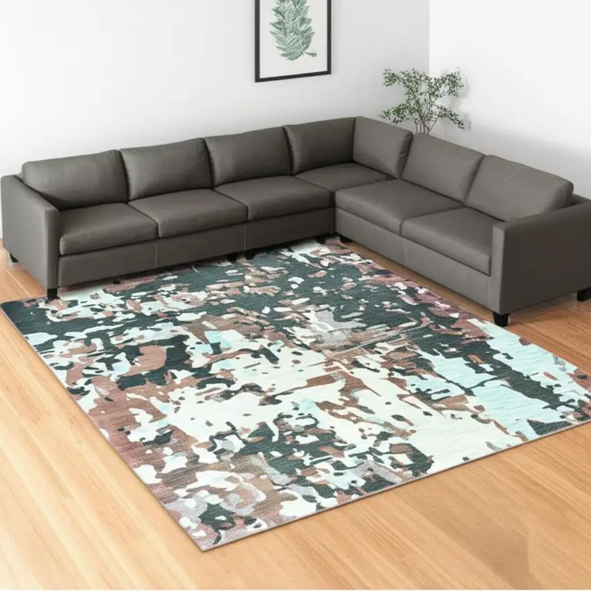 Grey And Blue Abstract Power Loom Stain Resistant Area Rug Photo 1