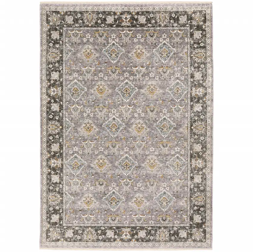 Grey And Blue Oriental Power Loom Stain Resistant Area Rug With Fringe Photo 2