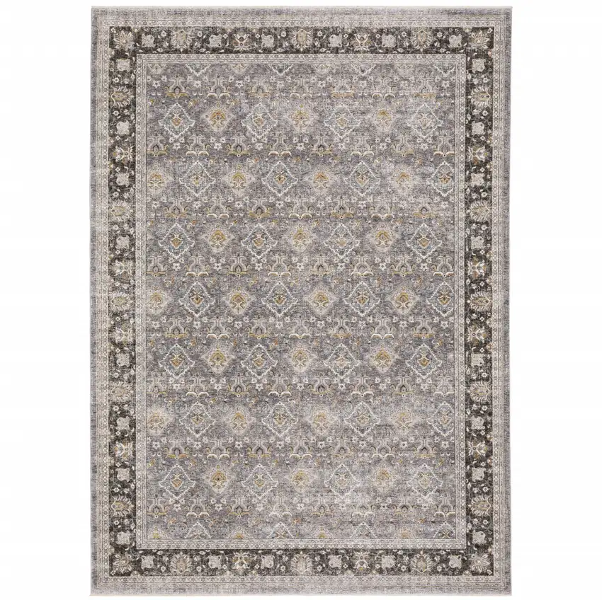 Grey And Blue Oriental Power Loom Stain Resistant Area Rug With Fringe Photo 2