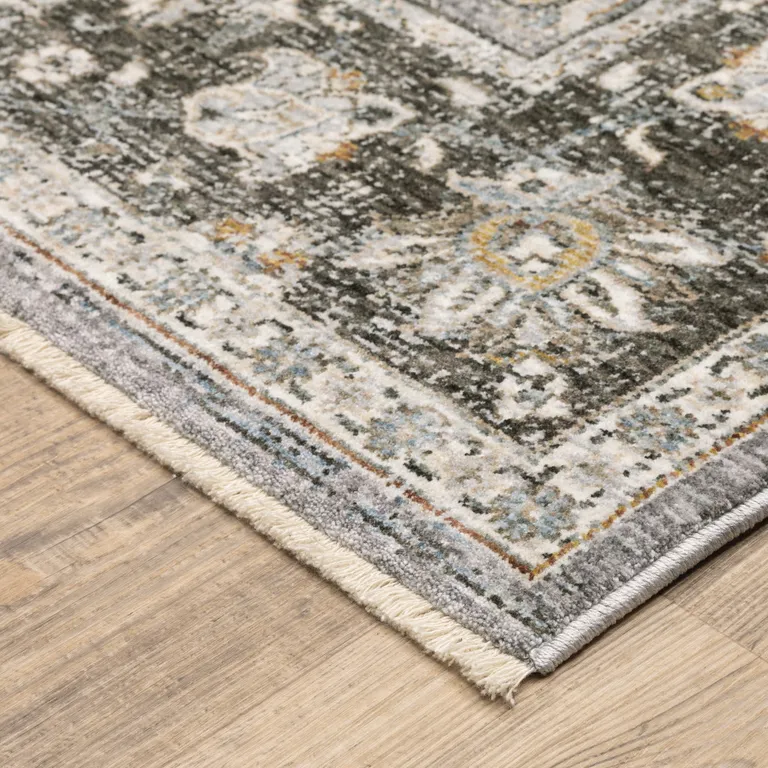 Grey And Blue Oriental Power Loom Stain Resistant Runner Rug With Fringe Photo 5