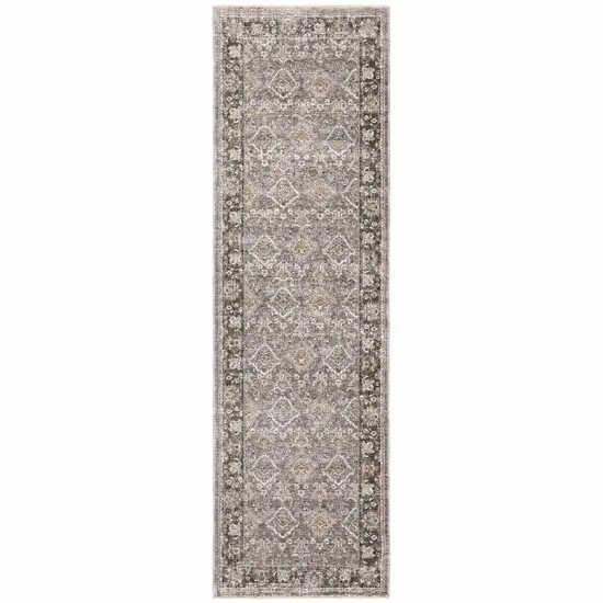 Grey And Blue Oriental Power Loom Stain Resistant Runner Rug With Fringe Photo 1