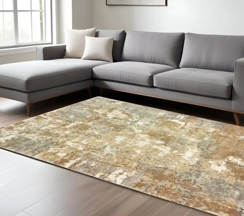 Grey And Brown Abstract Hand Loomed Stain Resistant Area Rug Photo 1