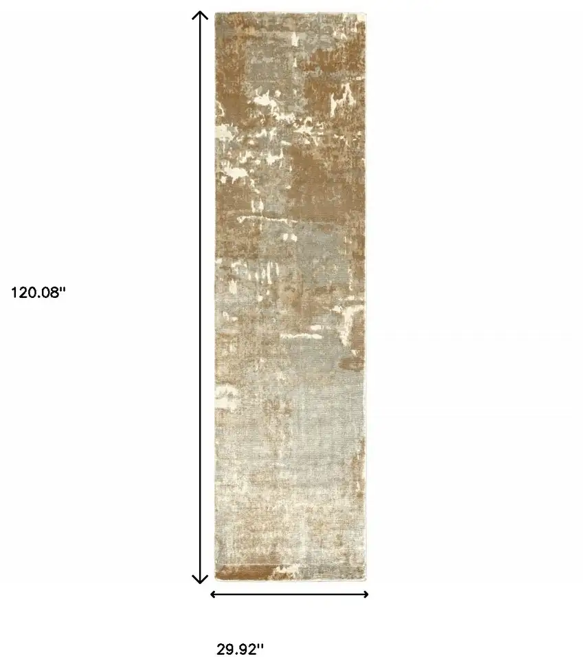 Grey And Brown Abstract Hand Loomed Stain Resistant Runner Rug Photo 6