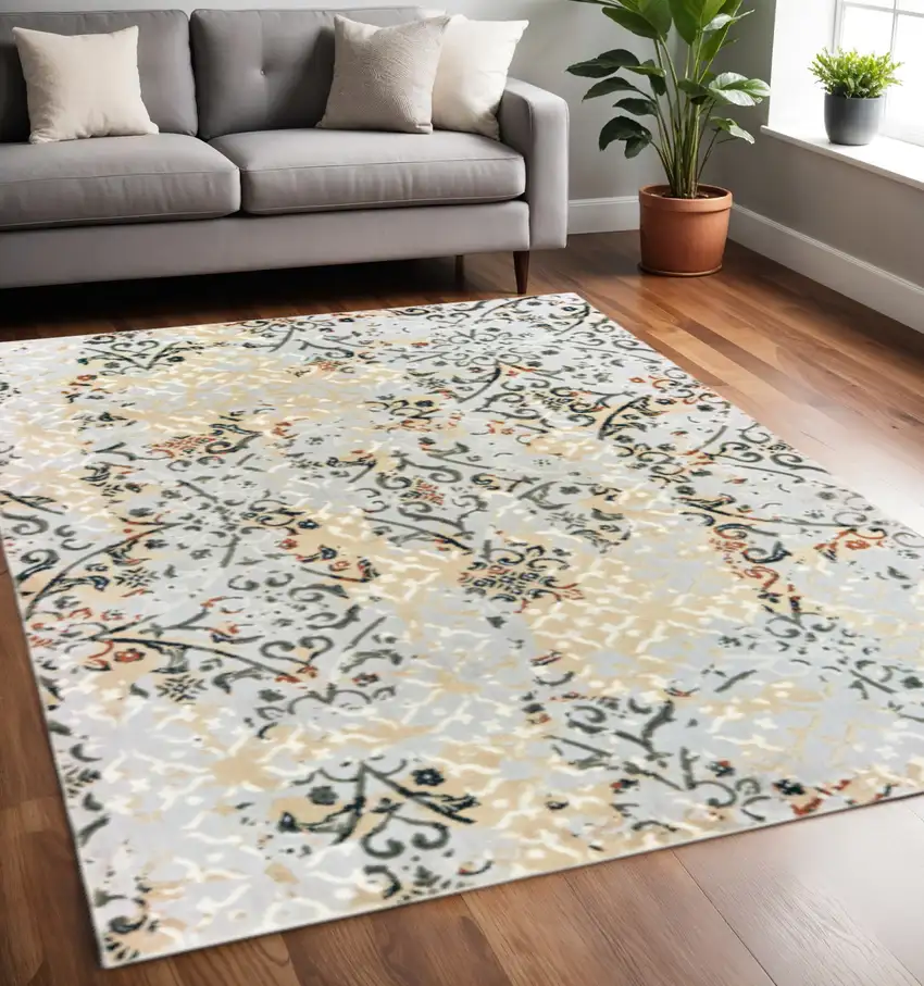 Grey And Gold Abstract Power Loom Stain Resistant Area Rug Photo 1