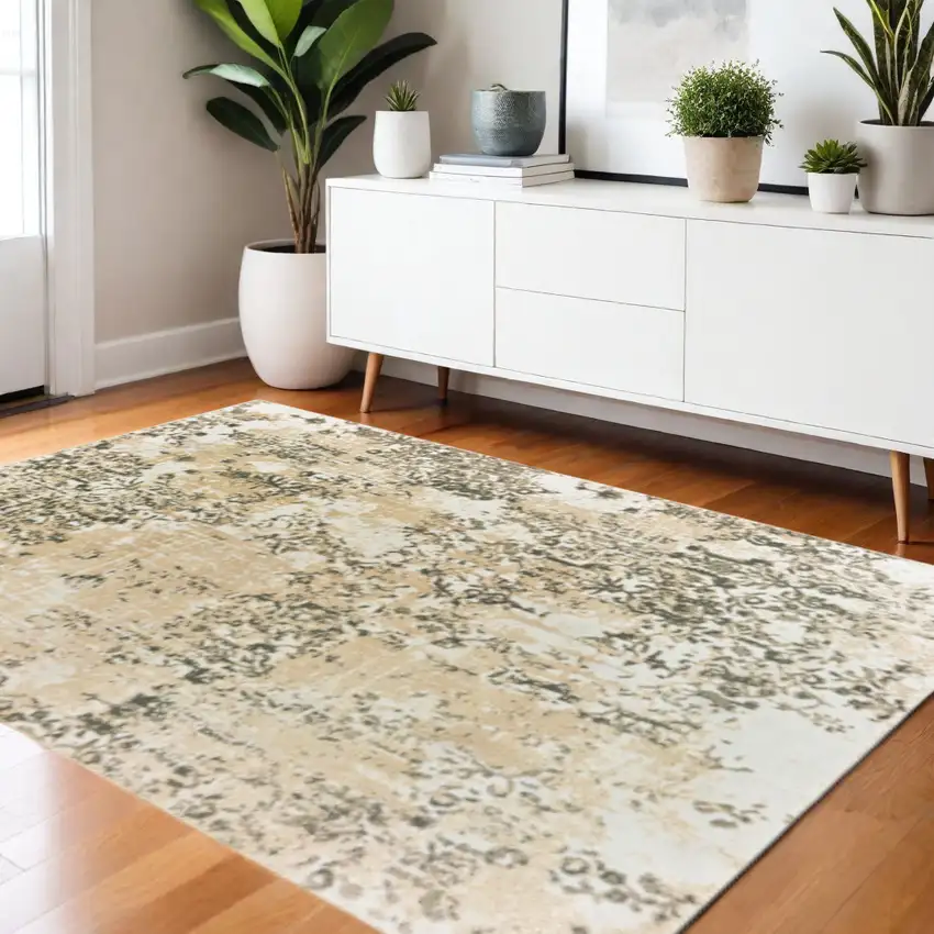 Grey And Gold Abstract Power Loom Stain Resistant Area Rug Photo 1