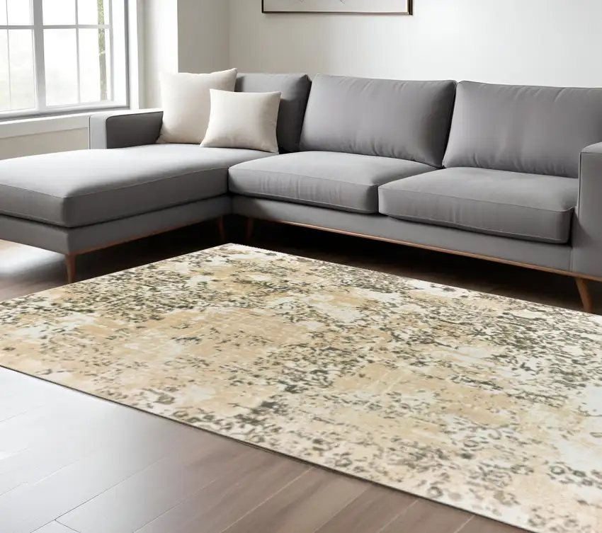 Grey And Gold Abstract Power Loom Stain Resistant Area Rug Photo 1