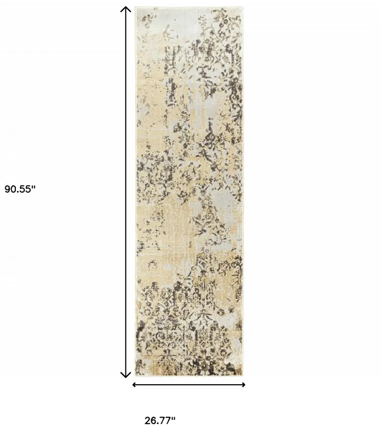 Grey And Gold Abstract Power Loom Stain Resistant Runner Rug Photo 5