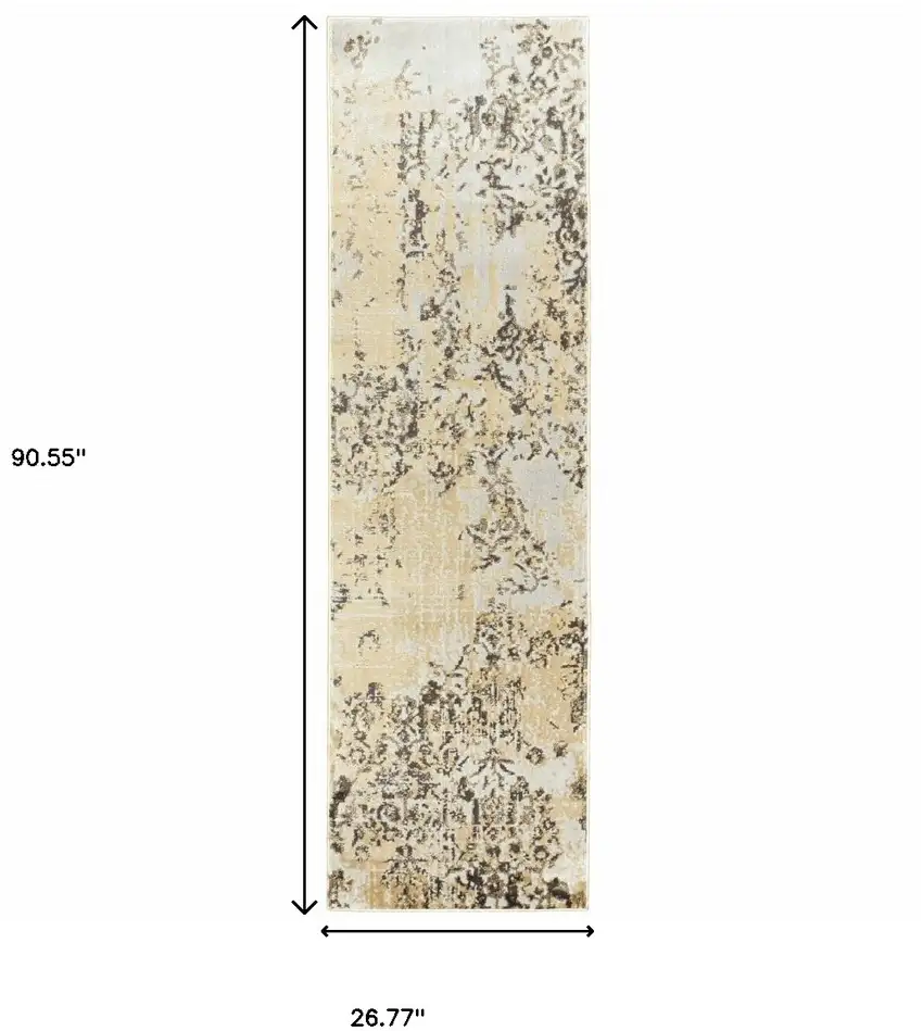 Grey And Gold Abstract Power Loom Stain Resistant Runner Rug Photo 6
