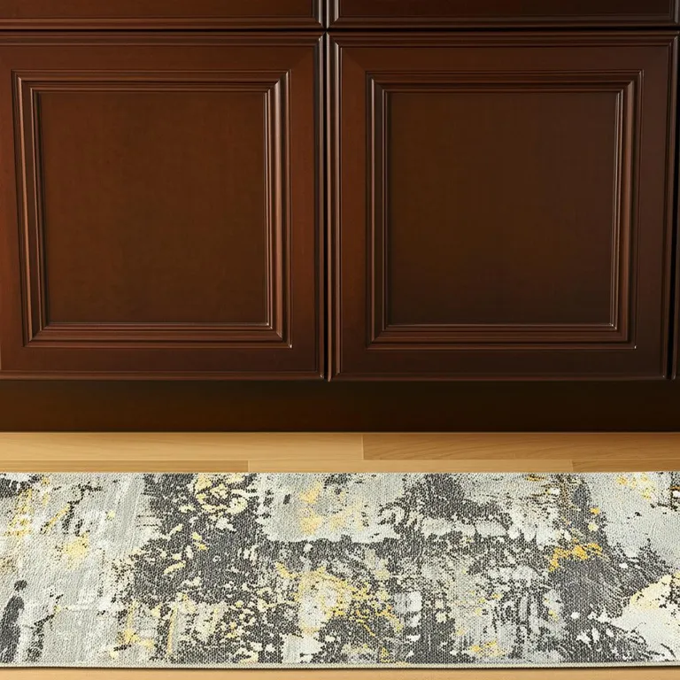 Grey And Gold Abstract Power Loom Stain Resistant Runner Rug Photo 5