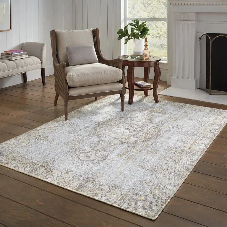Grey And Gold Oriental Power Loom Stain Resistant Area Rug Photo 5