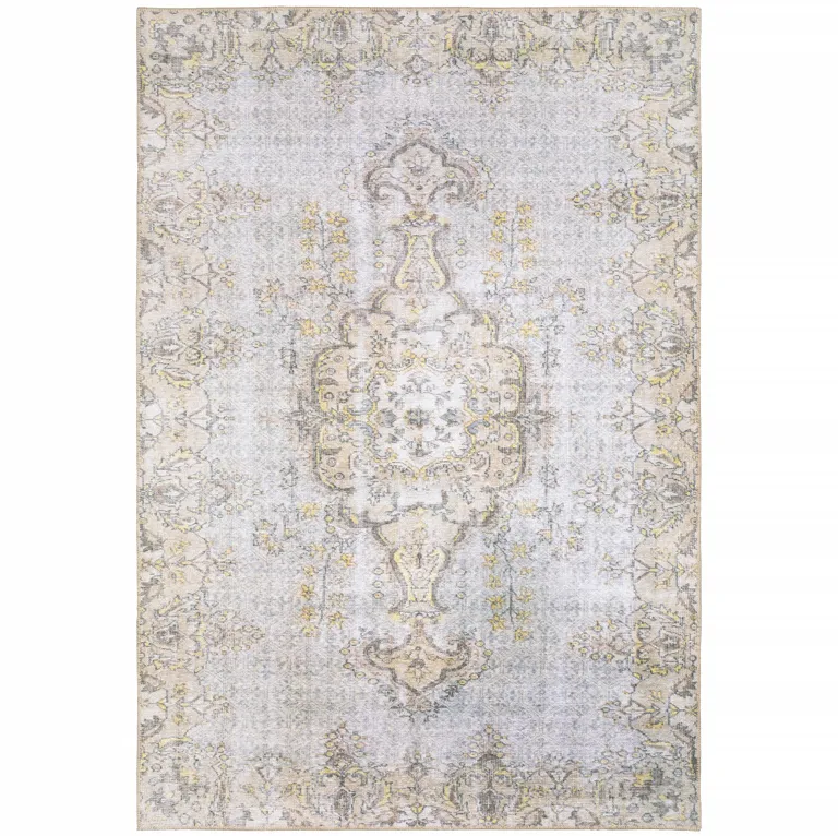 Grey And Gold Oriental Power Loom Stain Resistant Area Rug Photo 1