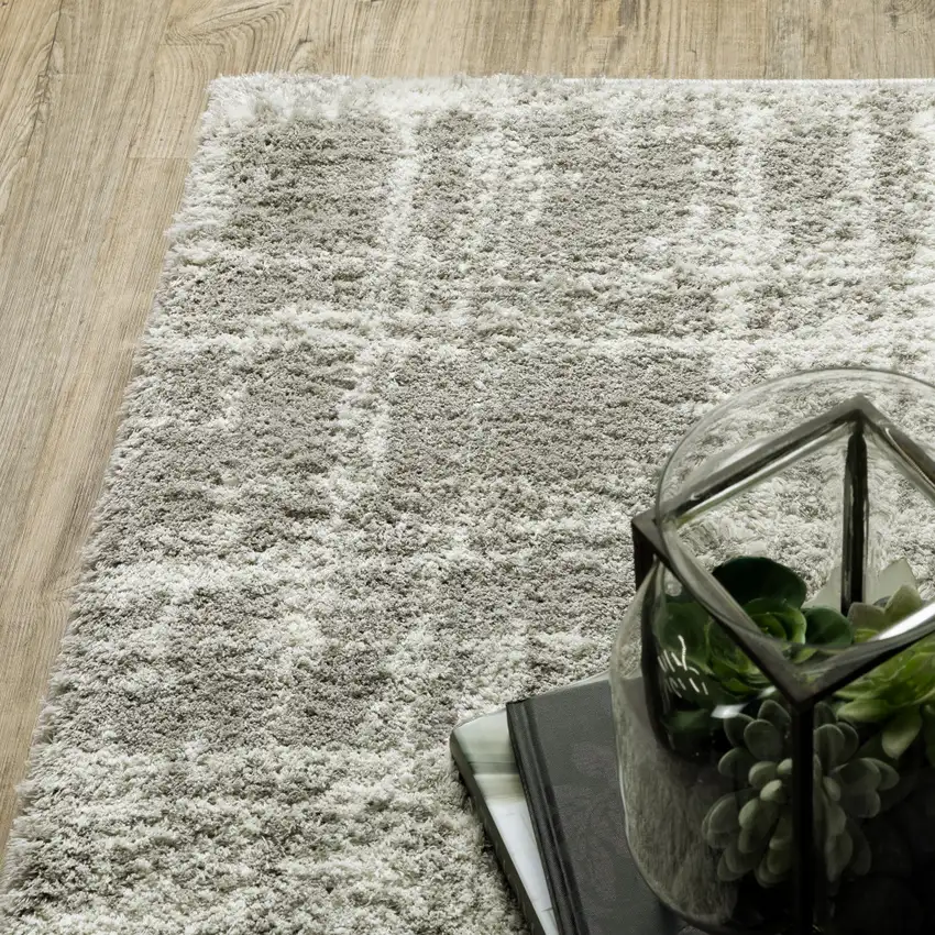 Grey And Ivory Abstract Shag Power Loom Stain Resistant Area Rug Photo 6