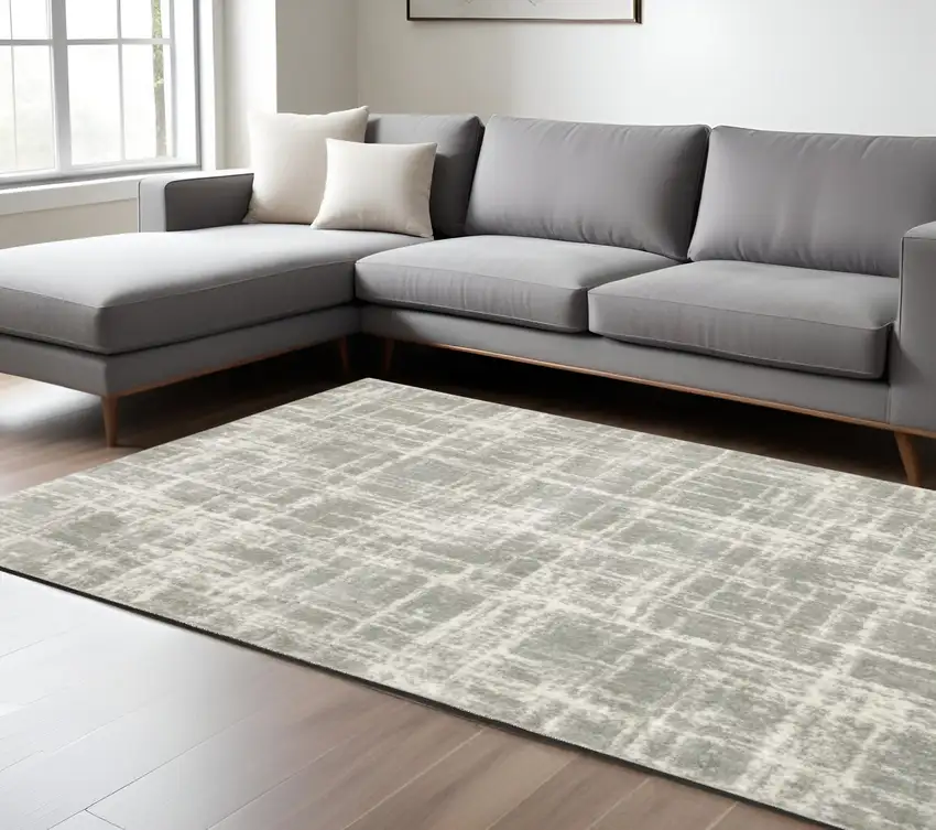 Gray and Ivory Abstract Shag Power Loom Area Rug Photo 1
