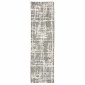 Photo of Grey And Ivory Abstract Shag Power Loom Stain Resistant Runner Rug