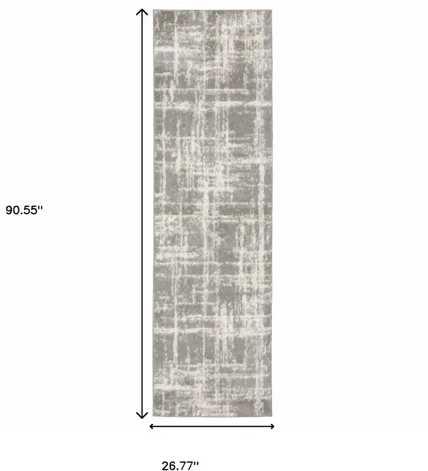 Grey And Ivory Abstract Shag Power Loom Stain Resistant Runner Rug Photo 10