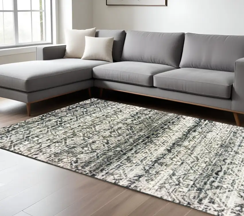 Grey And Ivory Geometric Power Loom Stain Resistant Area Rug Photo 1