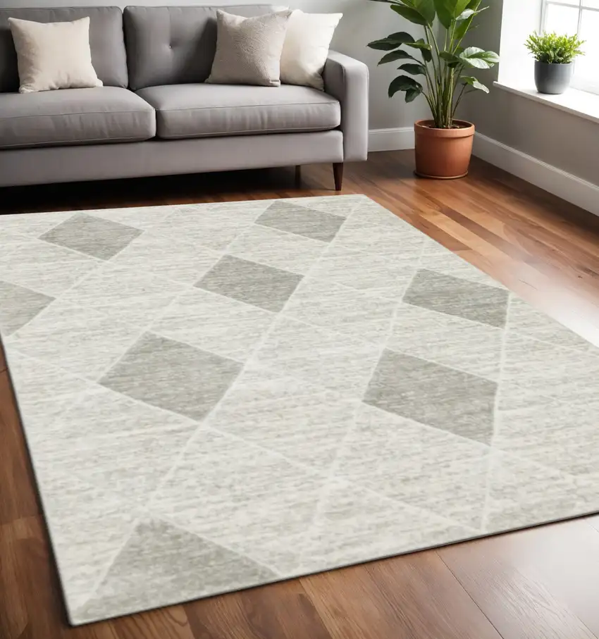 Grey And Ivory Geometric Power Loom Stain Resistant Area Rug Photo 1