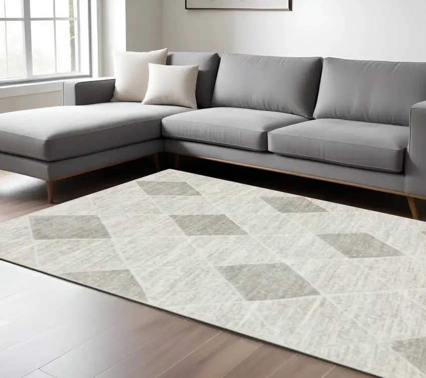 Grey And Ivory Geometric Power Loom Stain Resistant Area Rug Photo 1
