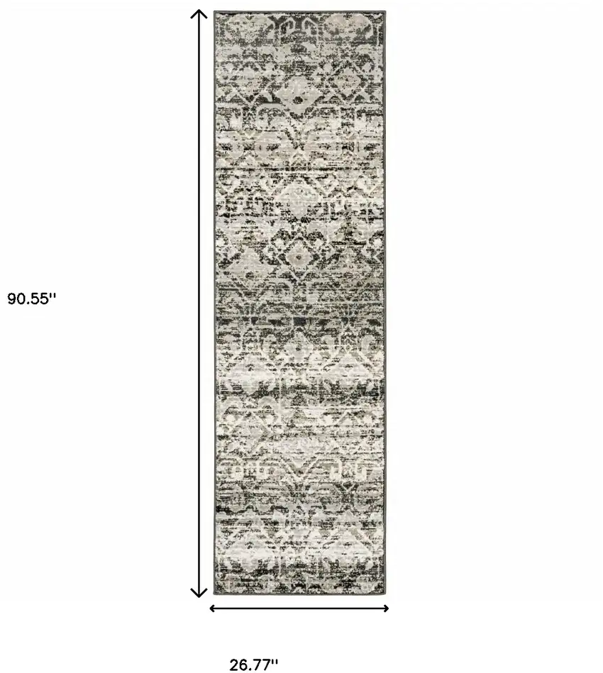 Grey And Ivory Geometric Power Loom Stain Resistant Runner Rug Photo 6