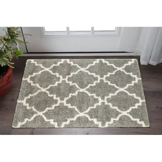 Grey And Ivory Geometric Shag Power Loom Stain Resistant Area Rug Photo 1