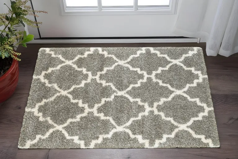 Grey And Ivory Geometric Shag Power Loom Stain Resistant Area Rug Photo 5