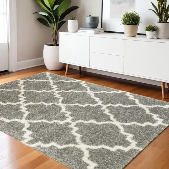 Grey And Ivory Geometric Shag Power Loom Stain Resistant Area Rug Photo 1