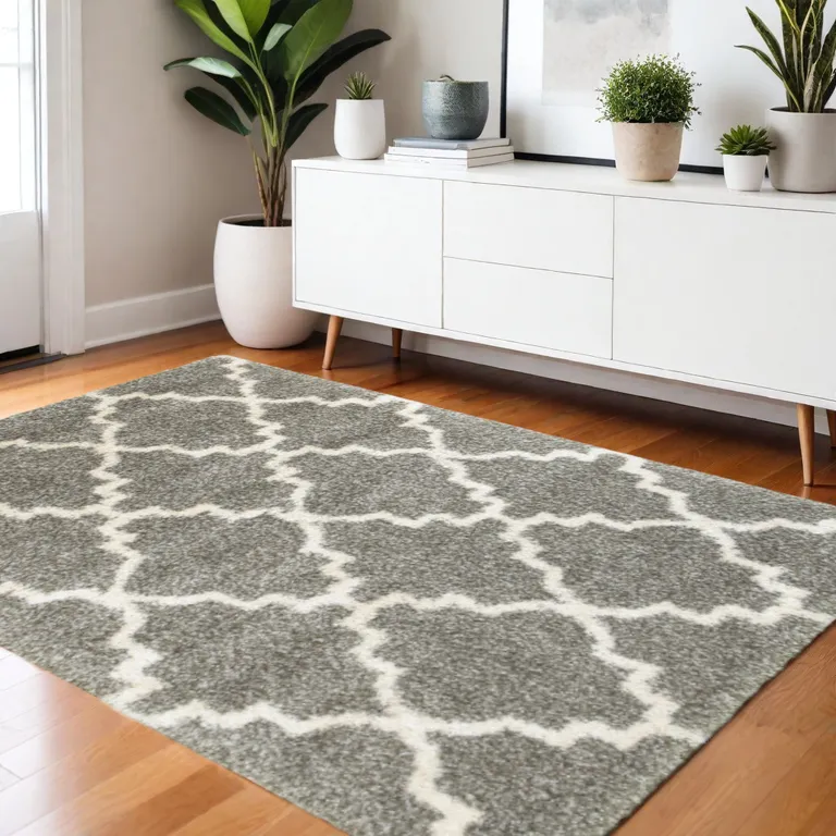 Grey And Ivory Geometric Shag Power Loom Stain Resistant Area Rug Photo 5