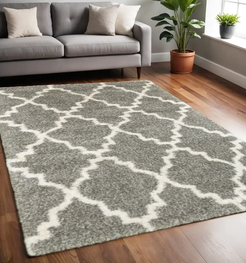 Grey And Ivory Geometric Shag Power Loom Stain Resistant Area Rug Photo 1